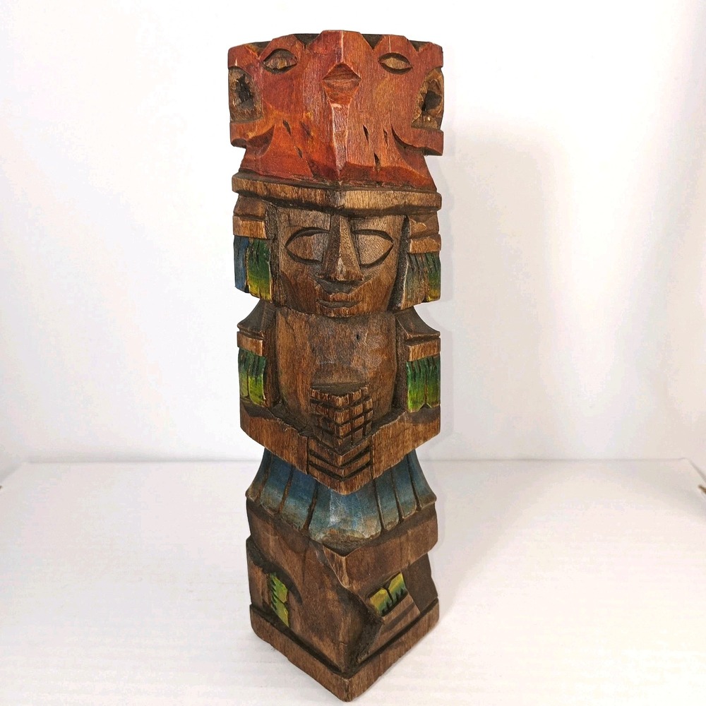 Vintage Wooden Mayan Aztec Hand Carved Hand Painted Totem Pole Folk Art 9"